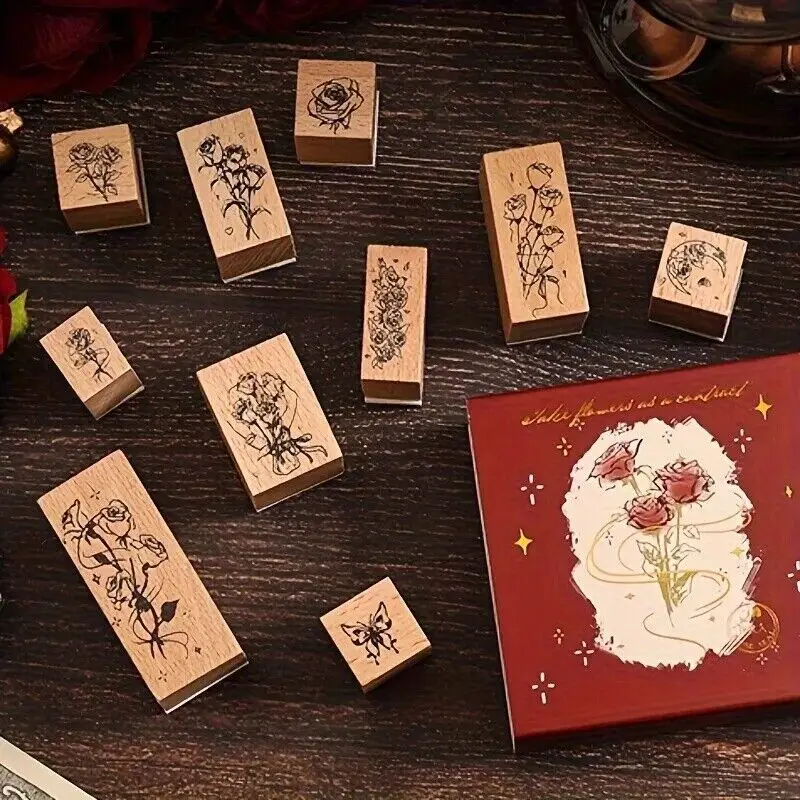 장미꽃 나무 고무 스탬프 세트, 스크랩북용 장식 사인, DIY 공예, 표준 나무 스탬프, 학교 용품, 10 개