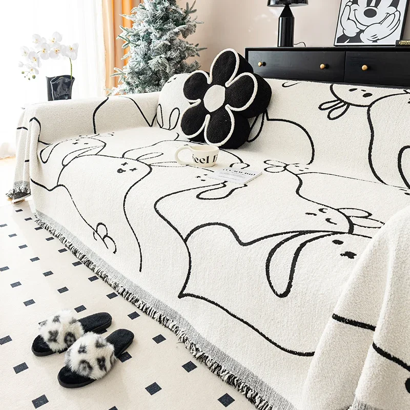 

Cartoon Sofa Cover with Tassels, Modern Lines Printed Blankets, Soft Towel, Universal Sofa Blanket, Four Seasons, Ins Wind