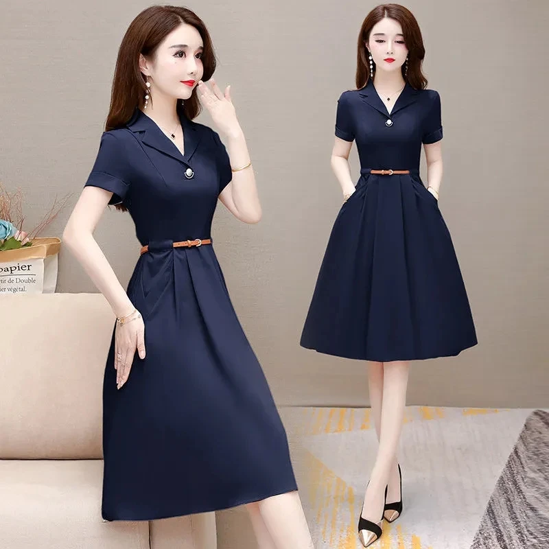 ★韓国人気★I AM MARI★BELT COLLAR DRESS Office Lady Elegant Notched Collar Pleated Dress Korean