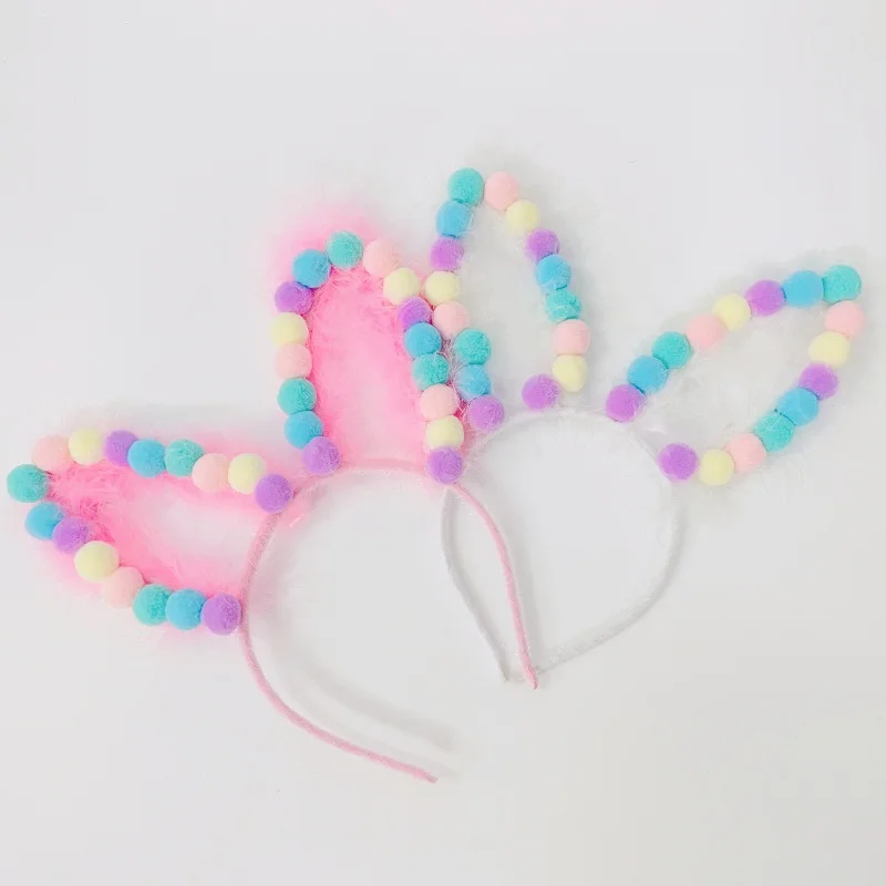 

10pcs Feather Color Pompom Rabbit Ears Hairbands Bunny Animal Ears Headbands Easter Headwear Boutique Hair Accessories for Girls