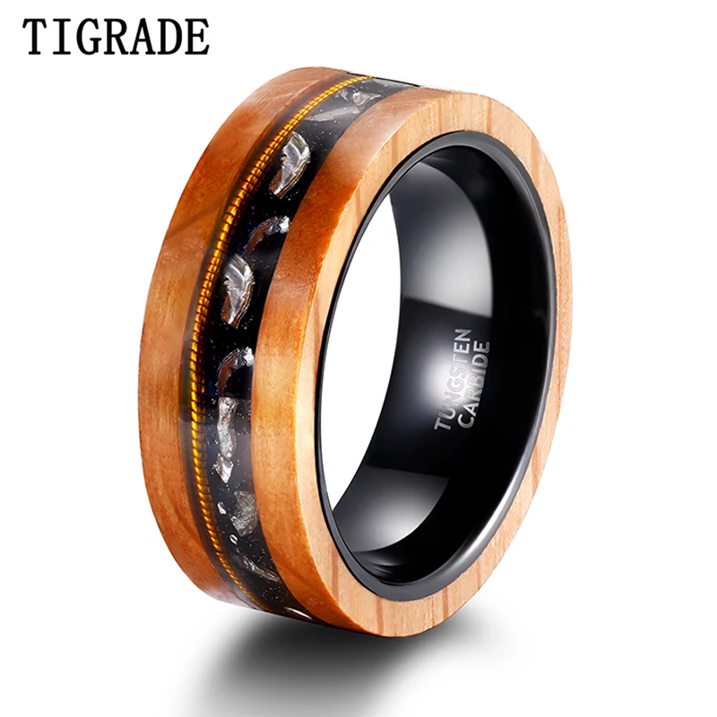 Tigrade 8mm Mens Tungsten Rings Olive Wood Ring Between Guitar Strings Black Sand Metal Slag Engagement Wedding Band Male Ring