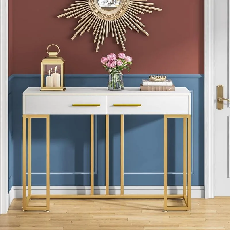 

Tribesigns 47-Inch Console Table with 2 Drawers: Modern White Sofa Table, Gold Metal Frame, Narrow Entryway Accent Table fom