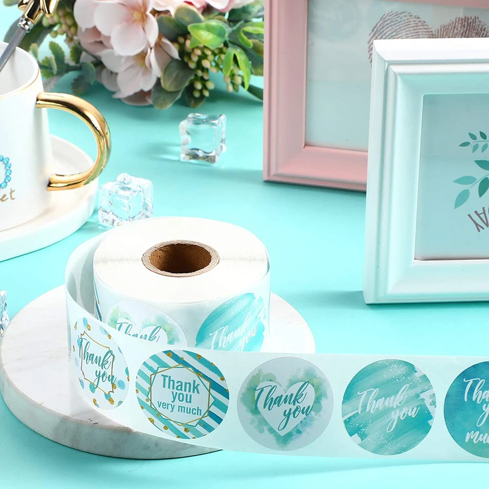 50-500pcs 1Inch Round Light Blue Thank You Sticker Decor Sealing Labels For Order Business Gift Bags Envelopes Sea