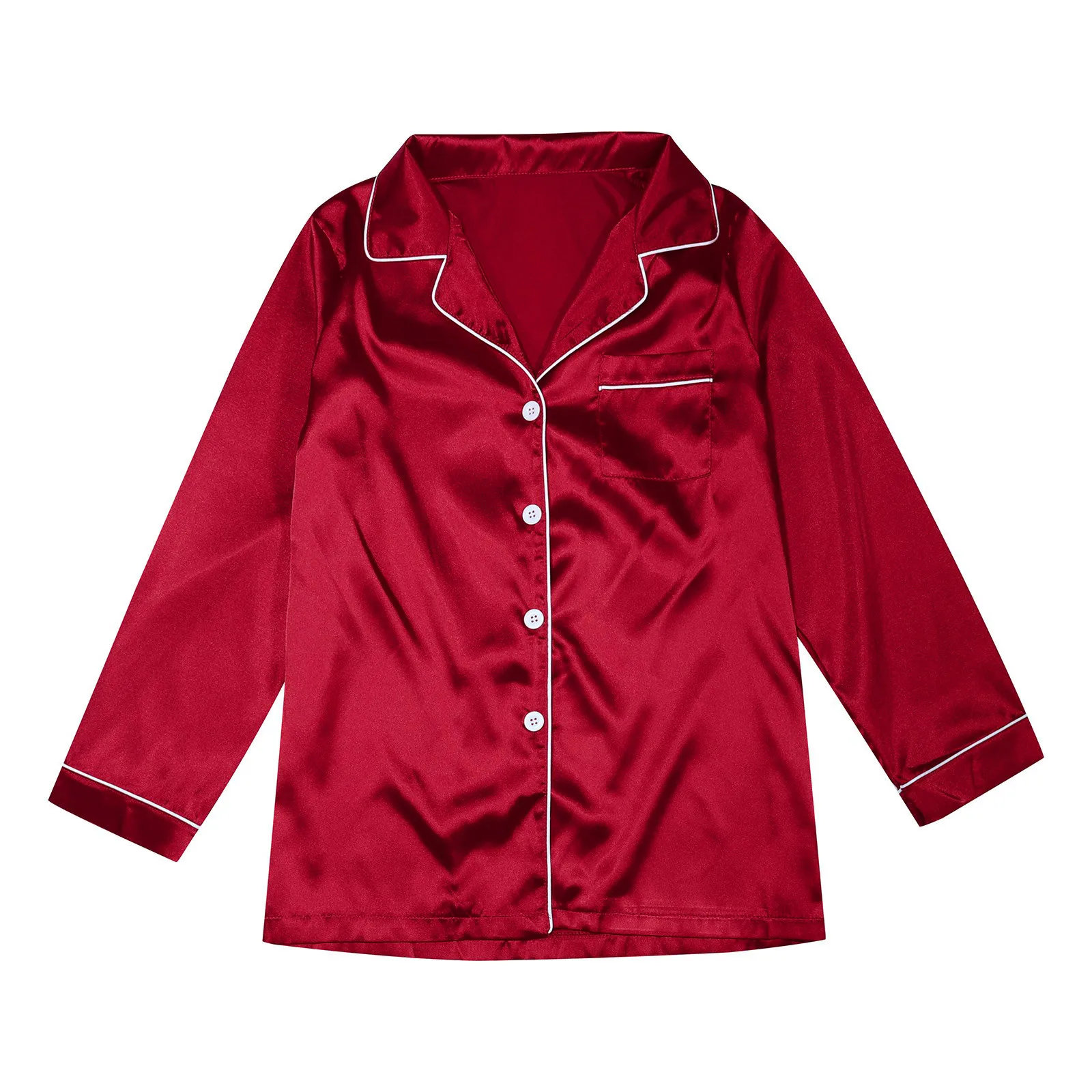 thumbnail image 5 of Pijamas navideños para adultos y niños, conjuntos familiares a juego, aspecto de color sólido, imitación de satén, blusas de seda, pantalones, ropa de dormir, 5 of 5