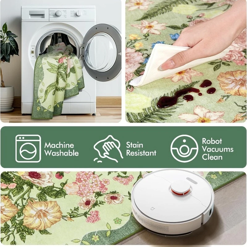 Green Floral Living Room Carpet Nordic Retro Large Area Bedroom Rug Machine Washable Non-slip Coffee Table Sofa Floor Mats Tapis