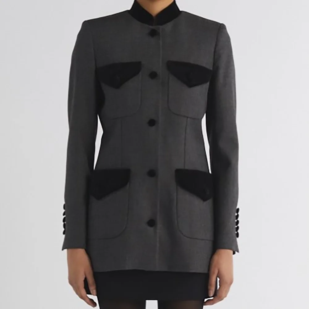 Women Two Pieces Blazer And Pants Single Breasted Stand Collar Fashion Slim Pants Suits