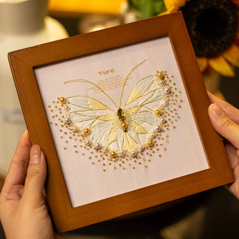 Elegant Pearl Embroidery Kit with Champagne Floral Butterfly Design - Includes Frame and Accessories
