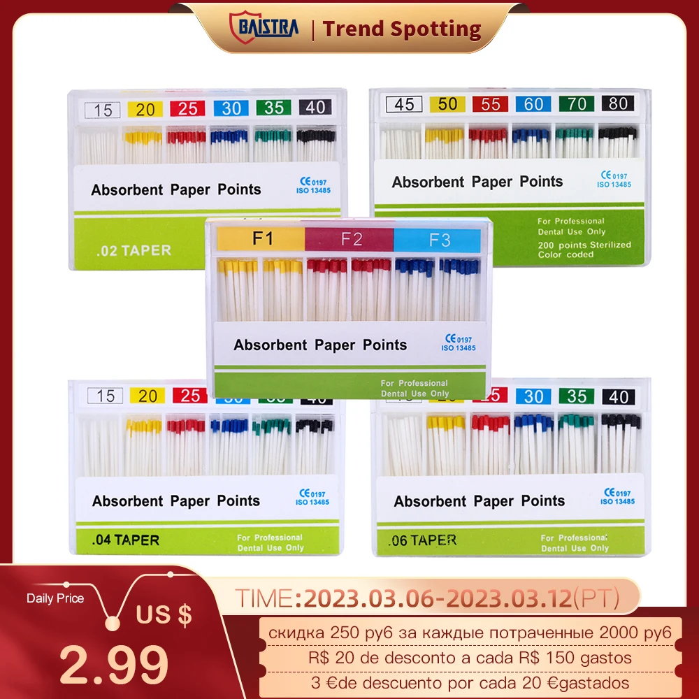 Dental Absorbent Paper Points 04/06/02 Taper Endodontics Cotton Fiber