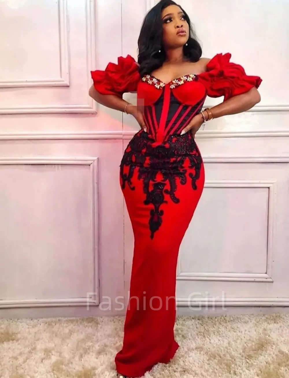 

Red Evening Gown Party Formal Mermaid New Custom Prom Dress Zipper Lace Up Sleeveless Applique Beaded Off-Shoulder Crystal Pleat