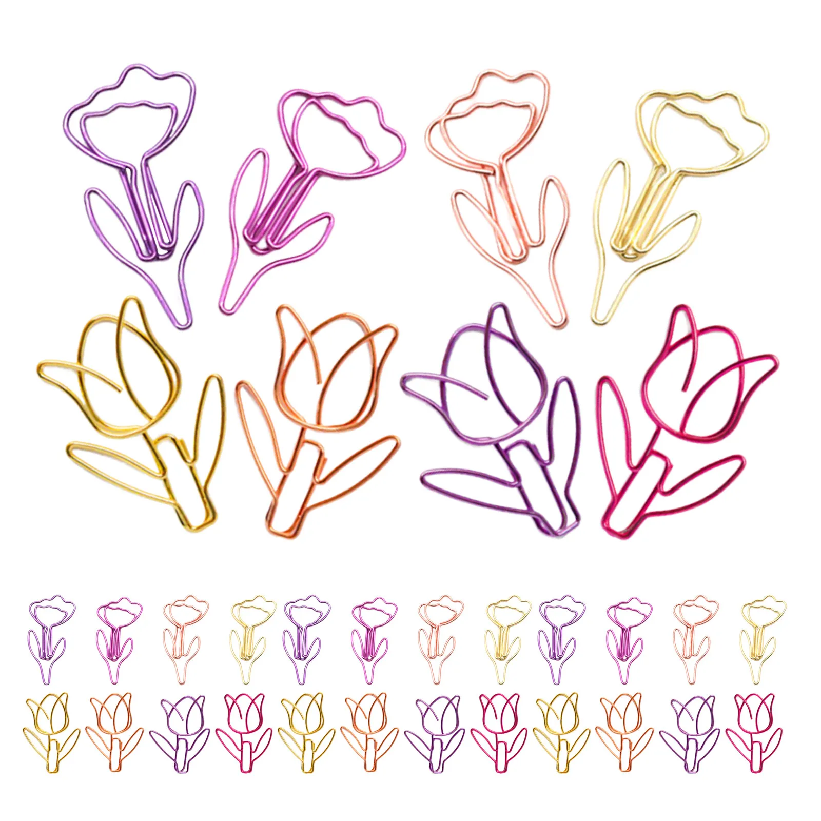 80Pcs 튤립 꽃 종이 클립 장식 꽃 모양의 사무실 학교 용품 귀여운 금속 종이 클립 플래너 북마크