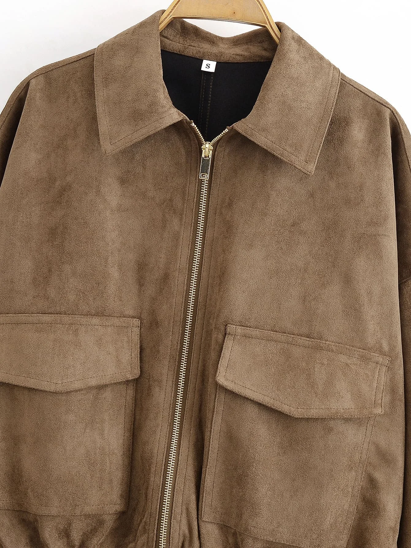 Women Bomber Suede Jackets Female Long Sleeve Zipper Short Jacket Coat Autumn Winter Large Pocket Elastic Hem Jackets Streetwear