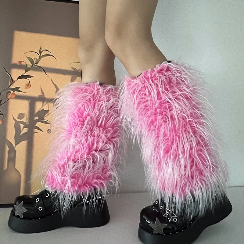 Ins 2000s Sweet Cute Pink Lolita Girls Gradient Faux Fur Leg Warmers Women Costume Leggings Hot Y2k Goth Punk Legcovers