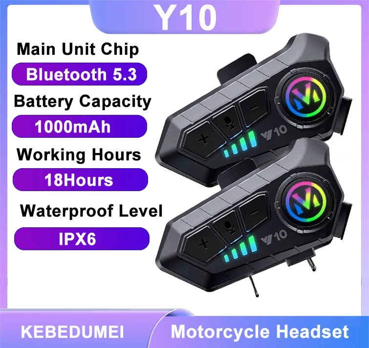 Y10 오토바이 블루투스 5.3 헬멧 헤드셋, 다채로운 조명, 방수 무선 이어폰, 핸즈프리 헤드셋, 방수 기능