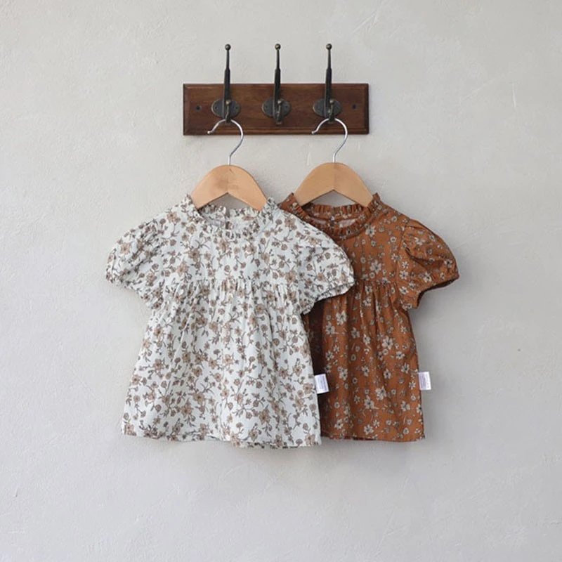 Kid Girl Retro Floral Set  Fashion Comfortable Puff Sleeves T-shirt + Loose Solid Cotton Pp Shorts Suit 2pc Baby Girl Clothes baby dress and set