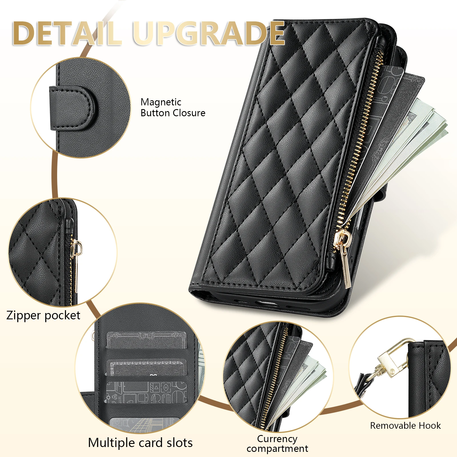 Compact Fragrance Zipper Card Slot Stand Magnetic Flip Leather Wallet Case Cover