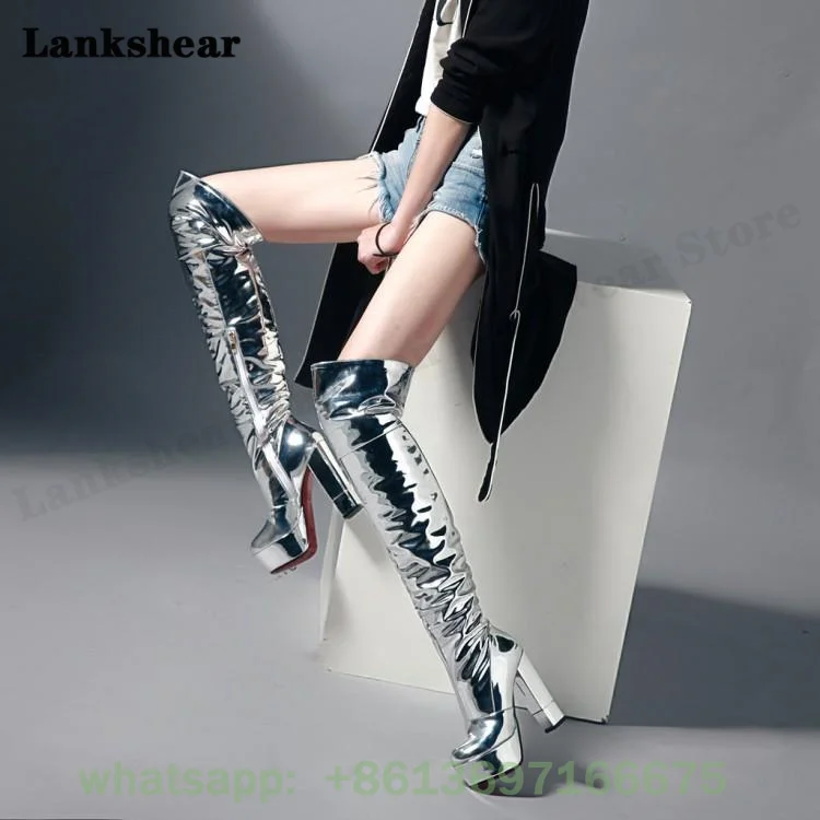 Silver Thigh High Boots Women Patent Leather Platform High Chunky High Heels Boots Round Toe Modern Funky Over The Knee Boots