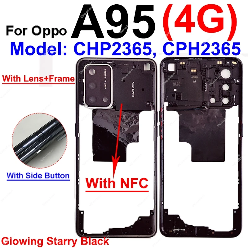 OPPO A95 4G 5G 미들 프레임 하우징, 미들 하우징 프레임 커버 베젤, 측면 단추 카메라 프레임 렌즈 부품