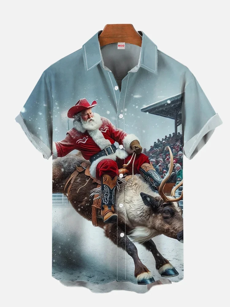 Christmas men's short sleeve lapel shirt 3d print bomb santa claus run away print casual comfortable shirt new year gift