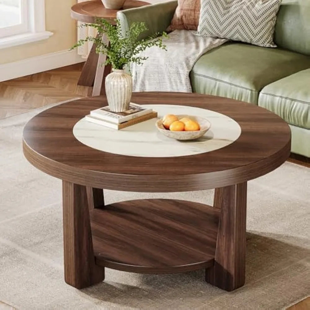 Coffee Table, 2-Tier Round Coffee Table with Heavy-Duty Wood Tabletop for Living Room,Circle Wood Accent Center Table 3