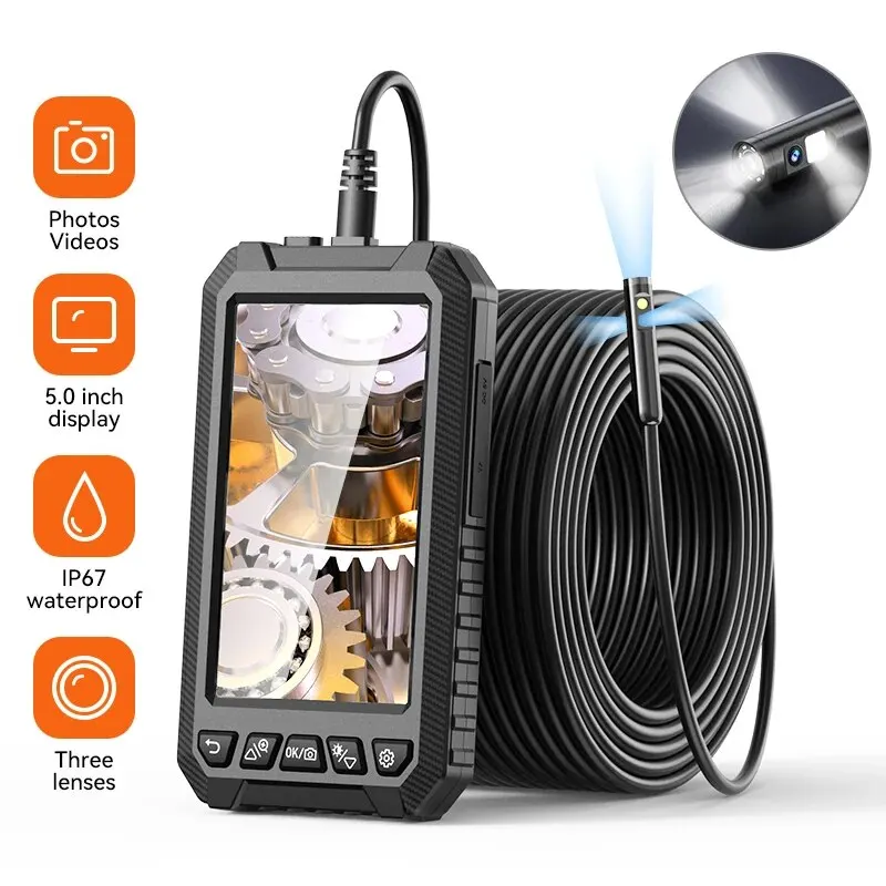 Dual & Triple Lens Industrial Endoscope Camera 8mm 5.0Inch IPS HD1080P Inspection Camera Borescope for Car Sewer IP67 Waterproof