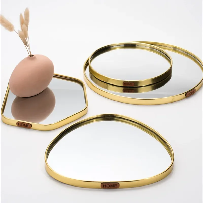 

Роскошная металлическая стеклянная тарелка в скандинавском стиле, зеркальный лоток с геометрическим рисунком, демонстрация золотых ювелирных изделий, тарелка для хранения, свадебный подарок для украшения дома