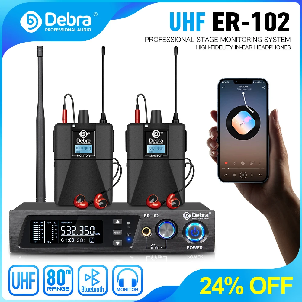 Debra ER-102 UHF Wireless In-Ear Monitoring System with bluetooth 5.0 for Stage Performance,Recording,Band,Drummer,Church speech