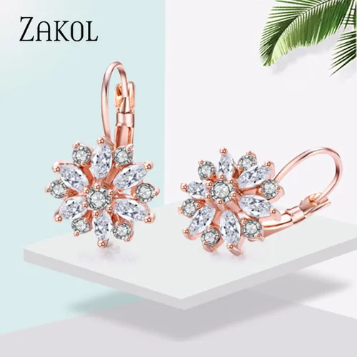ZAKOL 패션 로즈 골드 컬러 후프 귀걸이, 플라워 클러스터 클리어 CZ 크리스탈 지르코니아 귀걸이, 여성용 쥬얼리 Brincos EP609 5