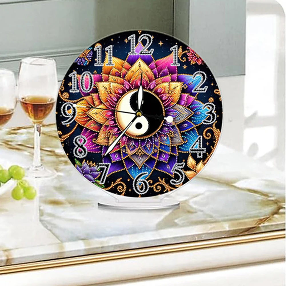Yin Yang Lotus 2D Flat Acrylic DIY Diamond Painting Clock Kit Diamond Art Clock