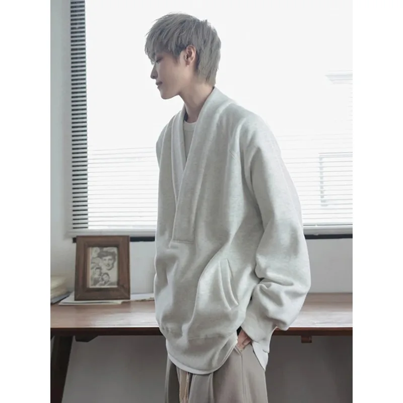 

HOUZHOU Old Money Sweatshirts Men Oversize Pullovers Sweatshirt Male Vintage Casual Japanese Streetwear V-neck Autumn Winter