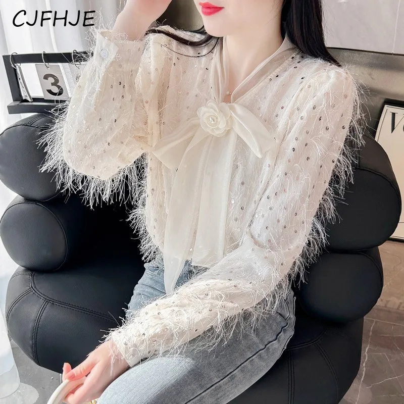 

CJFHJE Новинка, модная женская шифоновая рубашка со сверкающими белыми бусинами, Весенняя Корейская элегантная женская Повседневная рубашка с длинным рукавом, Топ