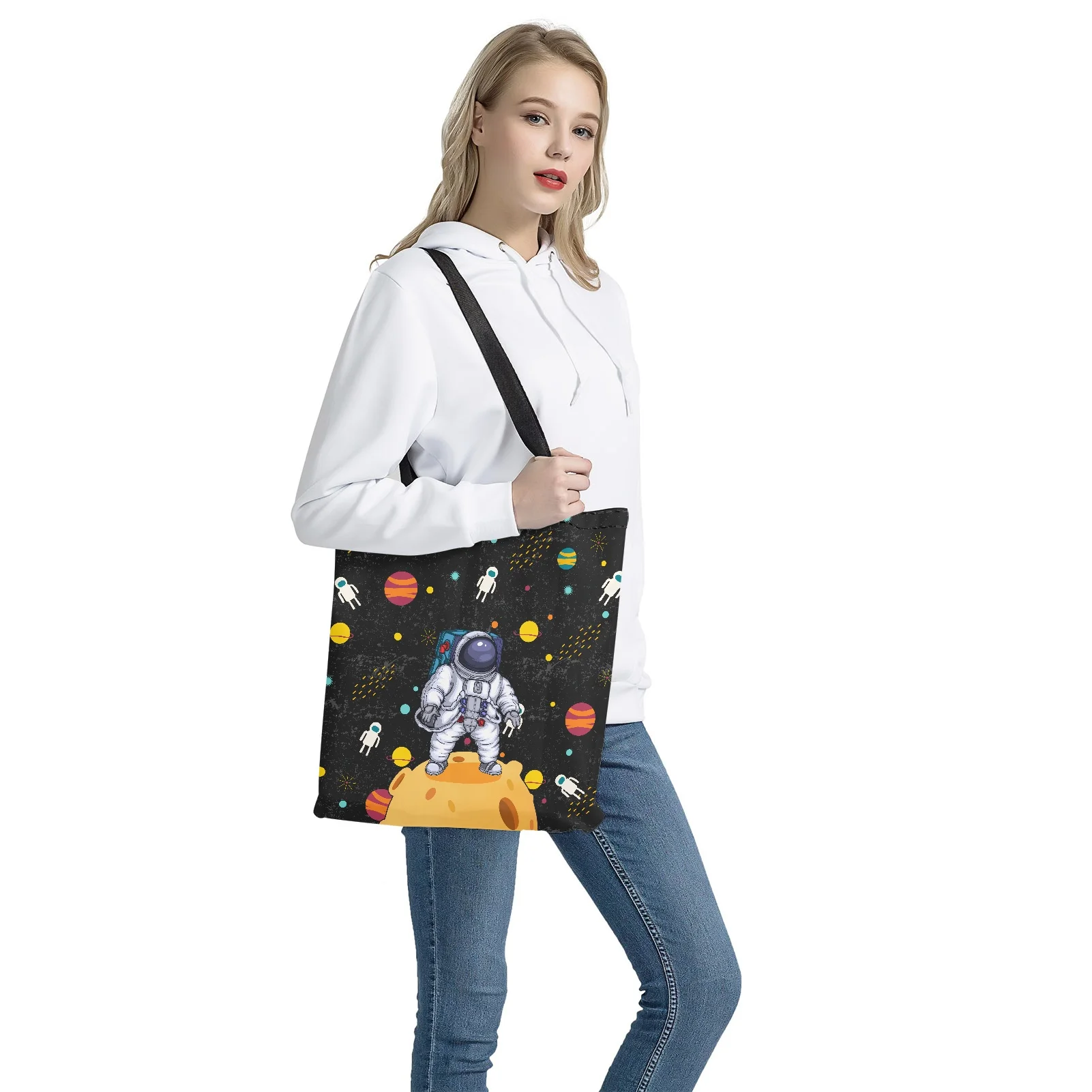 

Ladies Handbag Universe Astronaut Pattern Canvas Tote Bag Shopping Travel Women Eco Reusable Shoulder Shopper Bag Large Capacity