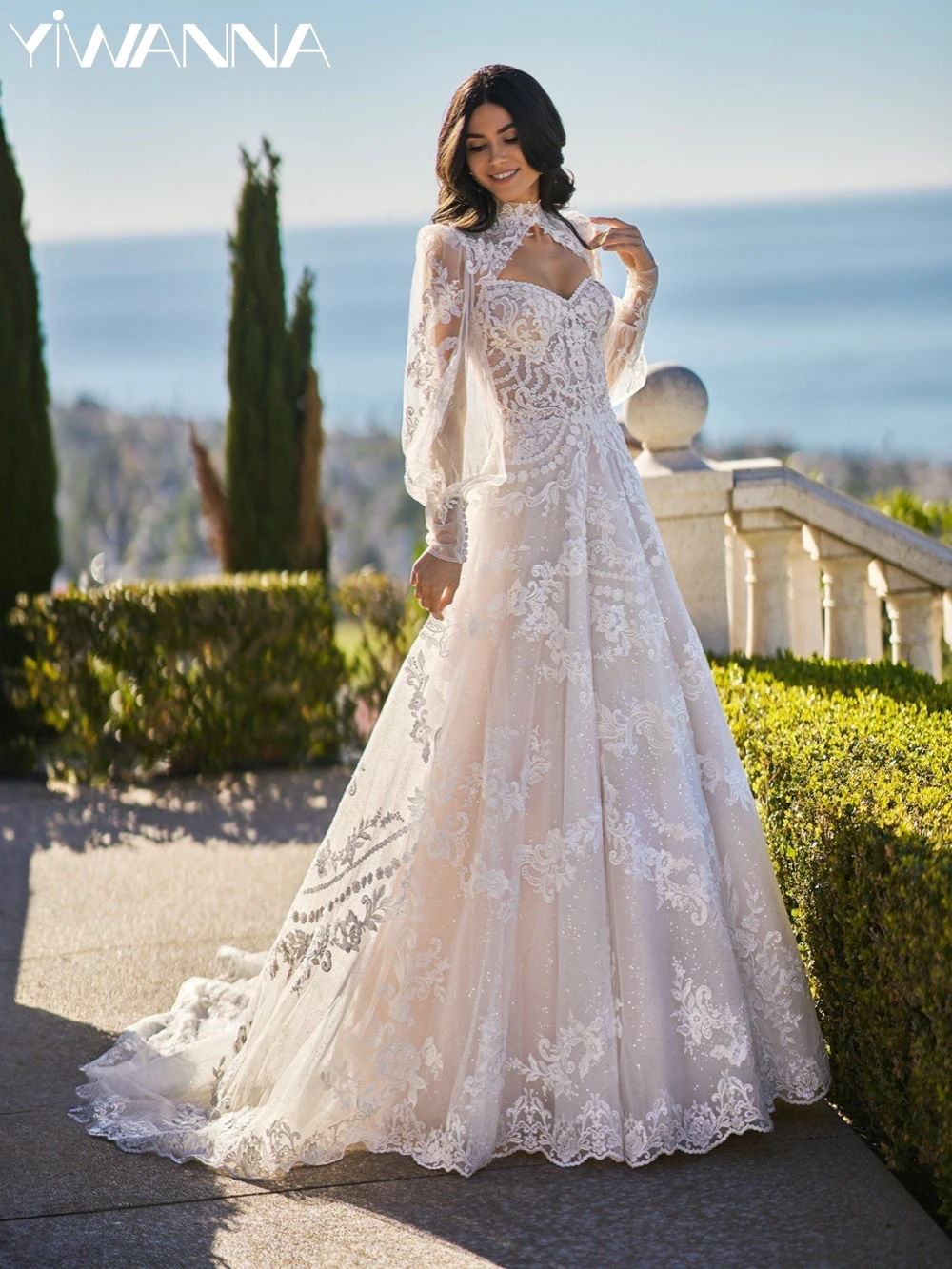 

Sparkly A-line Long Bride Robe With Jacket Sweetheart Neck Wedding Dress Vintage Lace Appliques Bridal Gown Robe De Mariée
