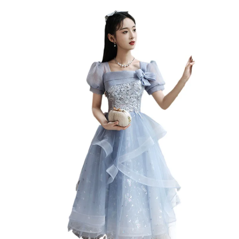 Fashion Blue Prom Dresses Square Collar Appliques Flounce Organza Princess Ball Gowns Women Formal Party Evening Dress