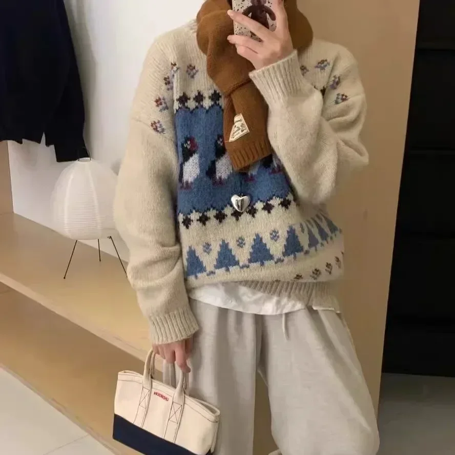 

Simple Cartoon Casual Elegant All-Match Velvet Knit 2023 New Korean Women Knitwear Round Neck Colored Dots Sweater Jumper