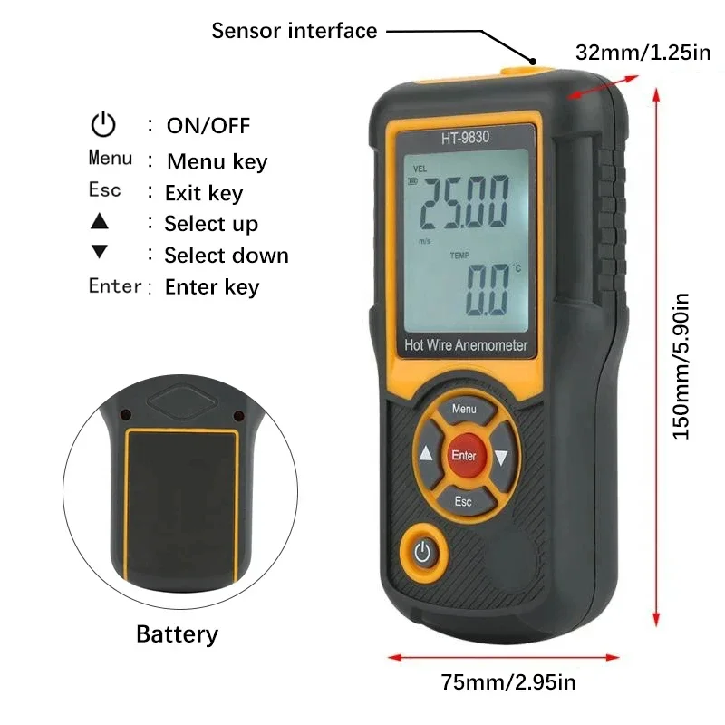 Hotwire Anemometer Handheld CFM/CMM Air Flow Velocity Meter HT-9830 Wind Speed G