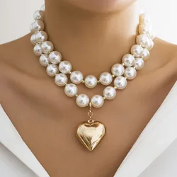 Retro Heart Shaped Pendant Clavicle Necklace Women 2023 Simple Sweet Imitation Pearl Pearl Big Pearl Girl Fashion Jewelry