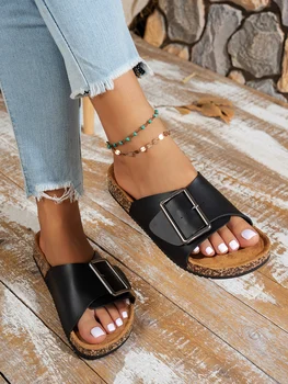 Women's Summer Spring & Fall Casual Simple Large Buckle Pu Upper Soft Wood Grain Comfortable Flat Heel Slip-On Beach Slippers 1