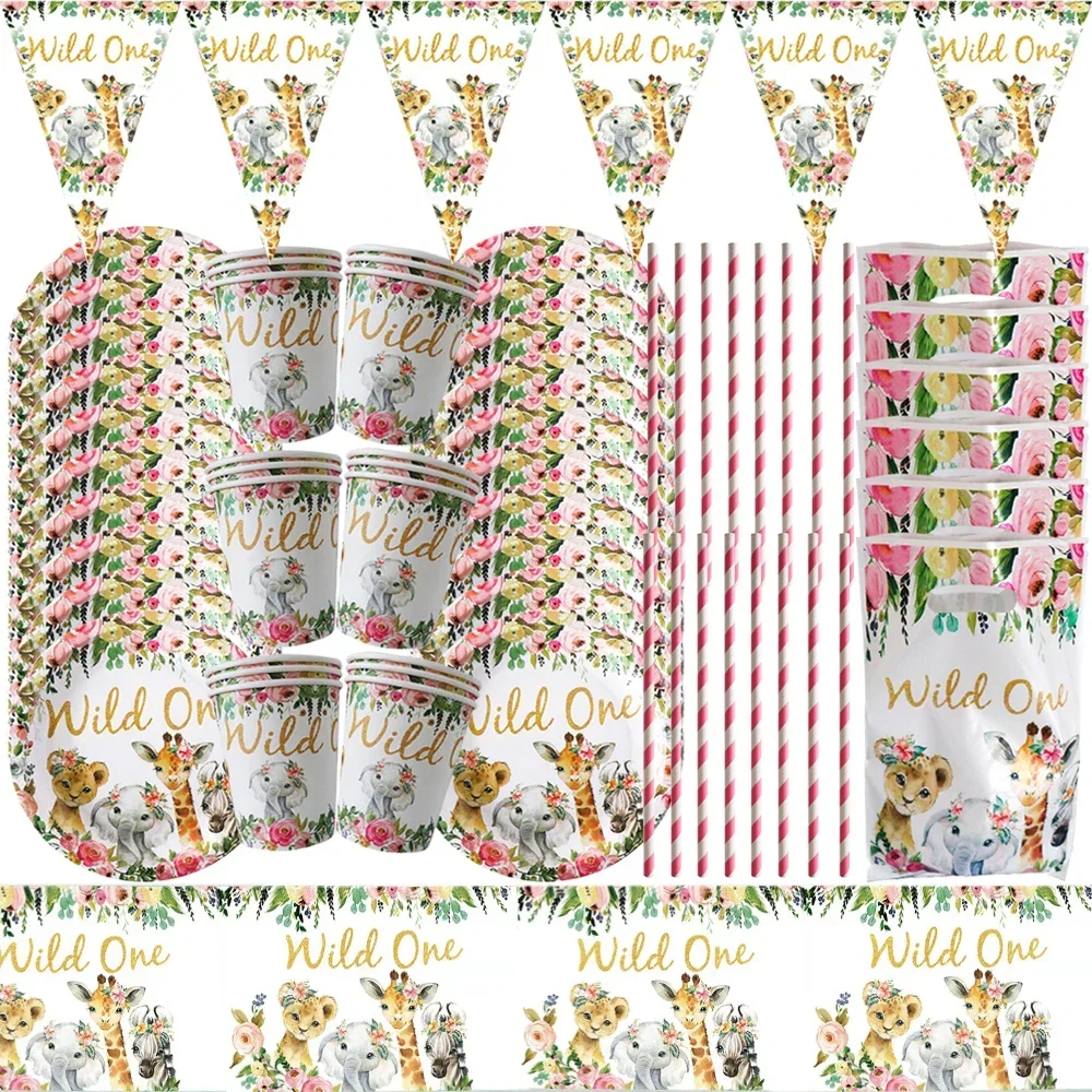 

Pink Jungle Wild Birthday party disposable cutlery set Plates cup tablecloth balloons Party supplies