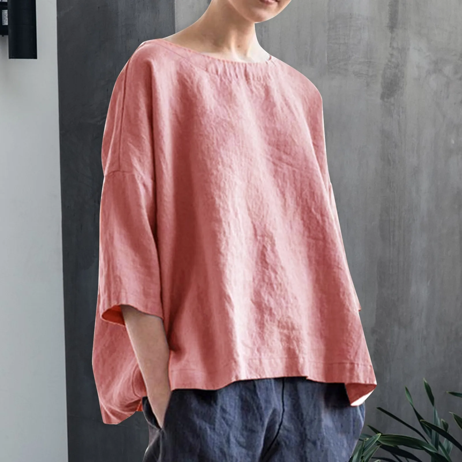 

Women'S Cotton Linen Shirt Solid Round Neck Long Sleeve Tops Summer Retro Blusa Mujer Solid Blouse Club Pullover Feminina