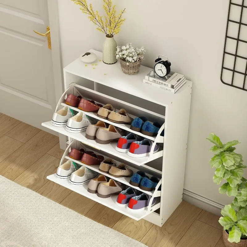 Shoe Cabinet with 2 Flip Drawers - Narrow Shoe Storage Cabinet for Entryway, Freestanding Hidden Shoe Organizer 3