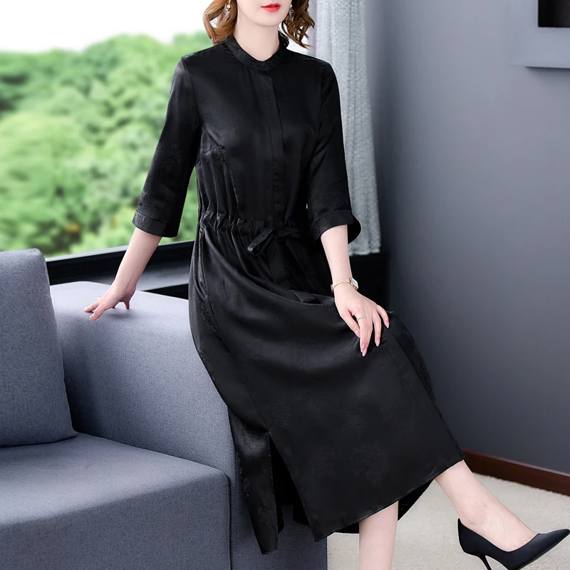 

2022 Black Natural Silk Jacquard Midi Dress Women Korean Vintage Hepburn Dress Spring Summer Elegant Bodycon Casual Party Dress