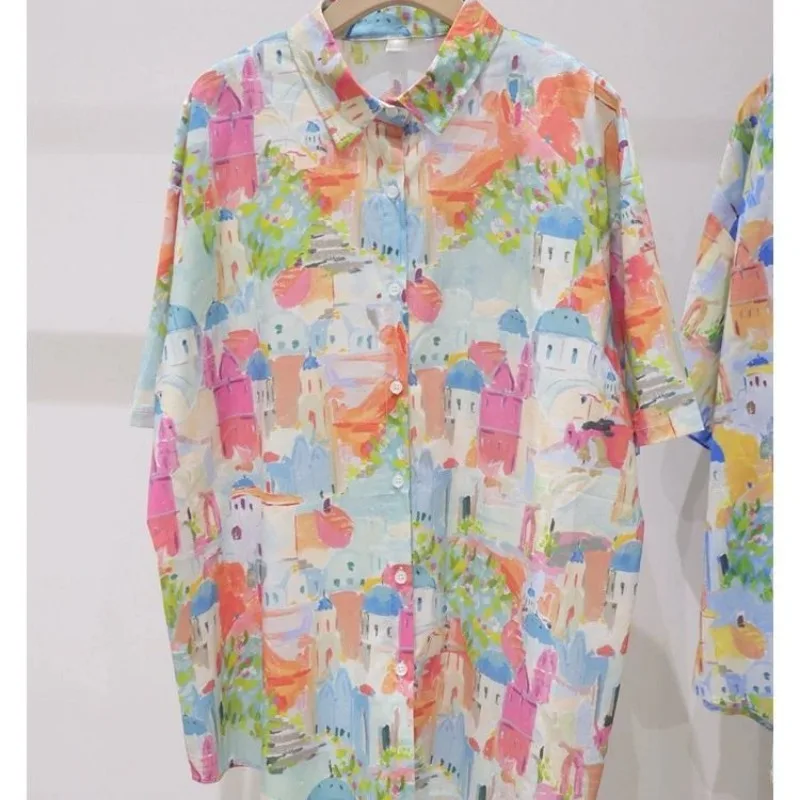 Artistic Retro Summer Sweet Blouses Women's Polo Neck Short Sleeve Loose Harajuku Abstract Printed Tie Dye Single-breasted Shirt