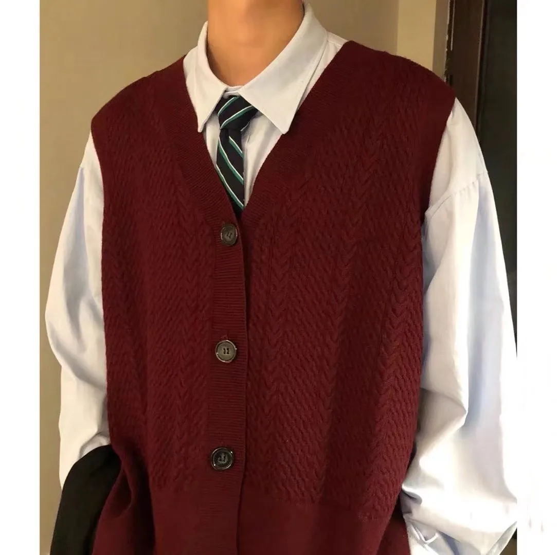 Men Spring Autumn Retro Loose Knit Cardigan Vest Men's Solid Color Sweater Waistcoat Male V-neck Solid Vest Coats K493