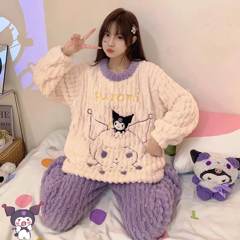 

Kawaii Sanrios Kuromi Household Clothes Winter Leisure Comfortable Soft Coral Velvet Pajamas Sweet Girl Plush Sleepwear Gift
