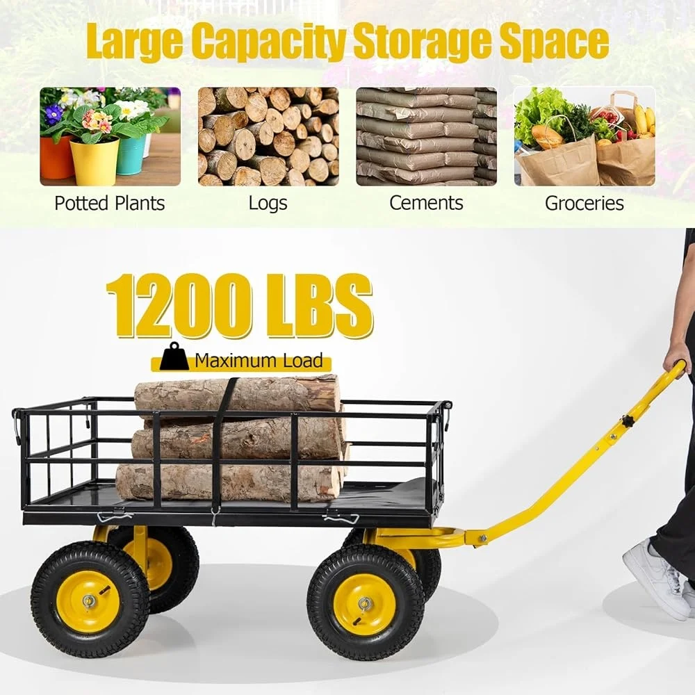 Heavy Duty Garden Utility Cart 1200lbs Capacity Removable Sides Rotating Handle Durable Metal Wagon with 13in Wheels