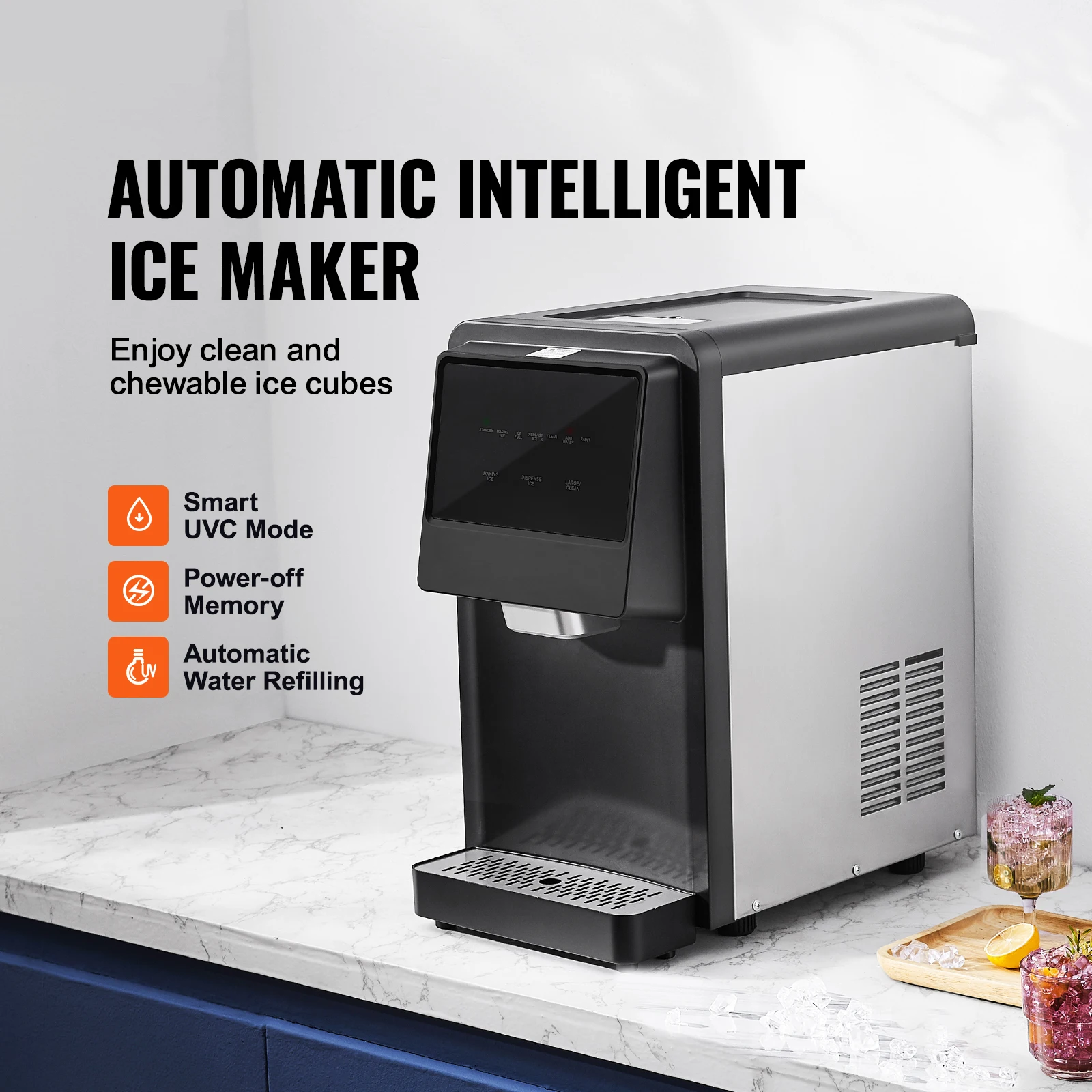SucceBuy Countertop Nugget Ice Maker Auto Self-Cleaning Portable Ice Maker with Water Filling Pipe Water Filter and Drainpipe