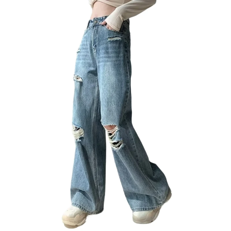 

Womens High Waist Vintage Ripped Jeans Boyfriend Wide Leg Pant Fashion Aesthetic Casual Loose Flared Denims Trousers N7YF