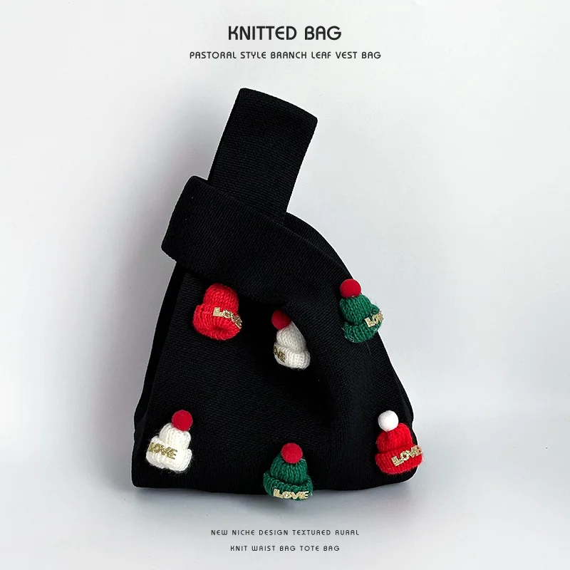 Women Mini Knot Wrist Bag Small Square Bag For Women 2025 New Handmade Christmas Hat Cute Knitted Wrist Bag Handbag Shopping Bag