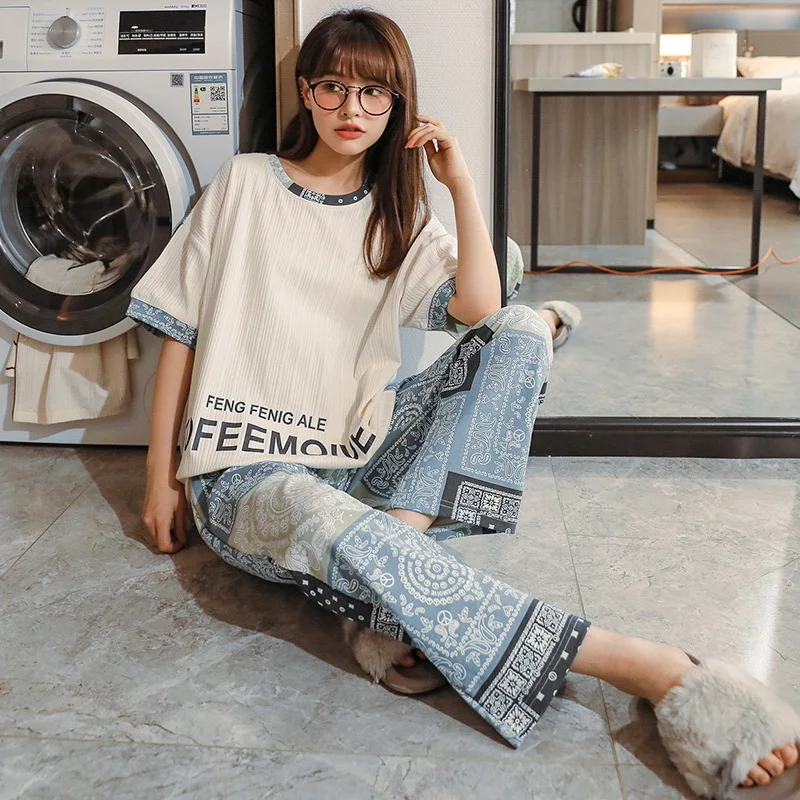 Summer 2022 New women's Korean Fashion Round Neck Pajamas Suit Plaid Trousers short sleeves Ladies Pijamas Loose Soft Homewear