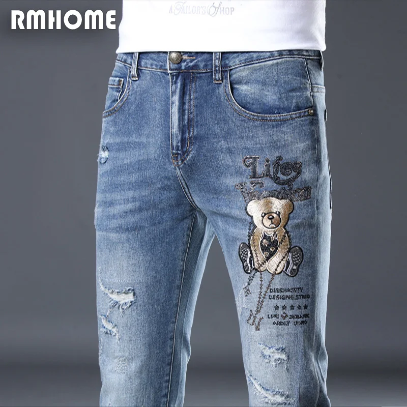 Men's Jeans Mid-rise Blue Leggings Pants Four Seasons Regular  2023 Fashion Bear Embroidery Jeans Slim Feet Trousers Clothing